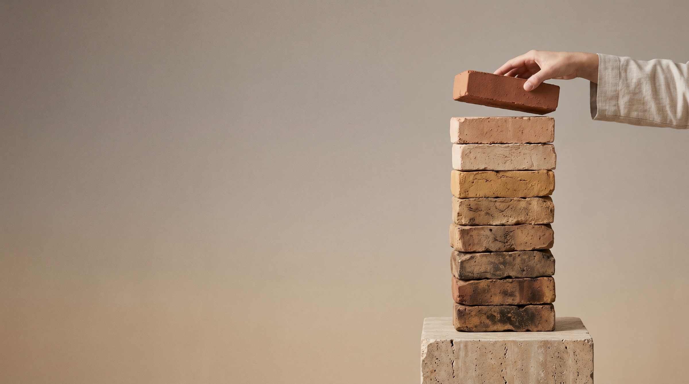 A hand setting one more clay brick on top of a precisely stacked column of bricks
