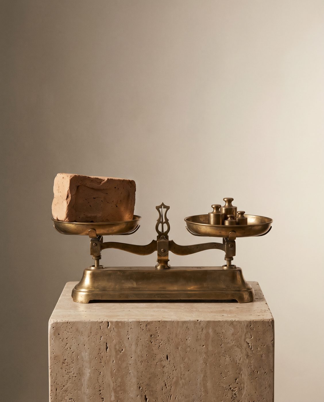 An antique brass balance scale holding a single brick against a stack of brass weights, perfectly level