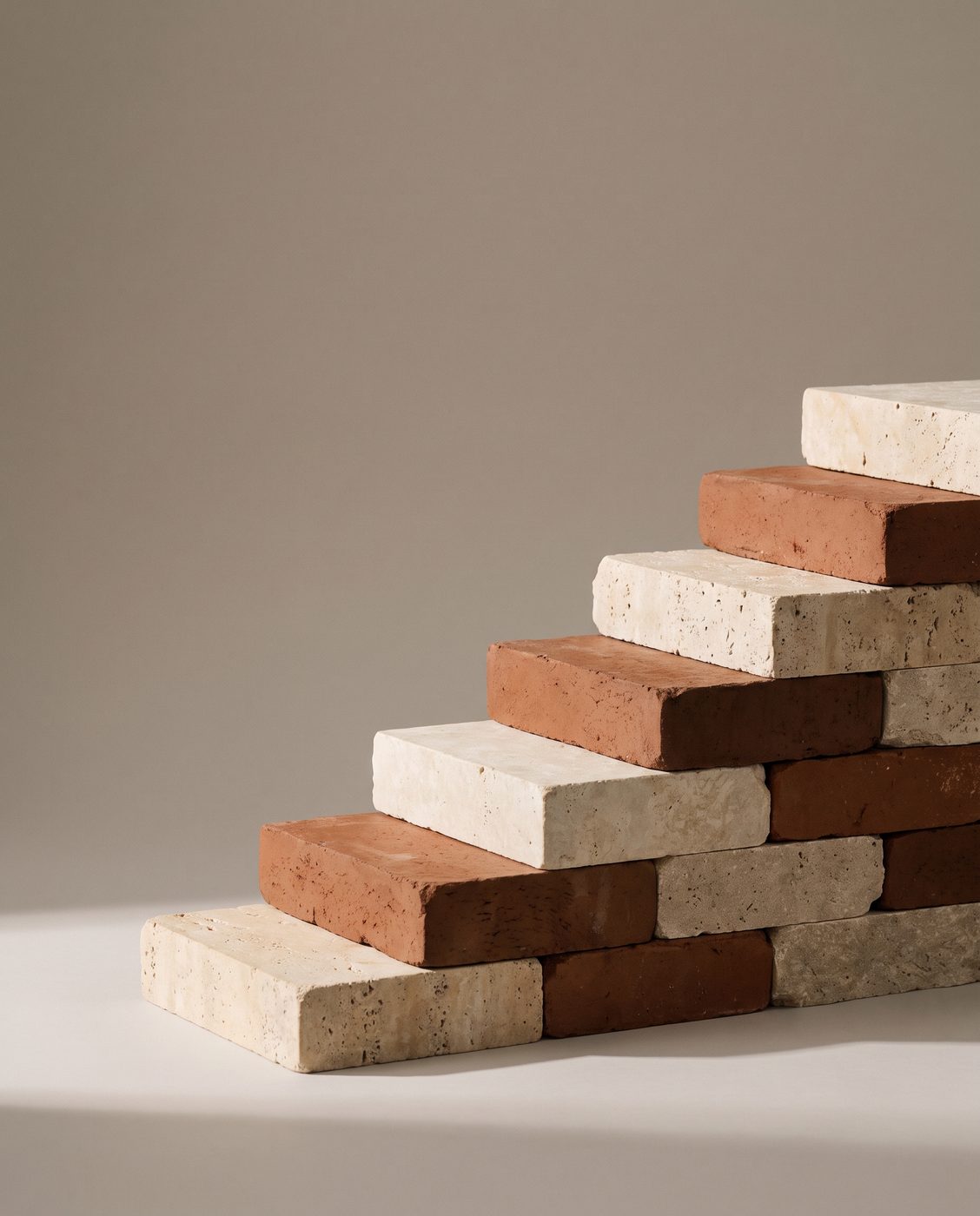 A sculptural staircase of stacked travertine and clay blocks rising step by step