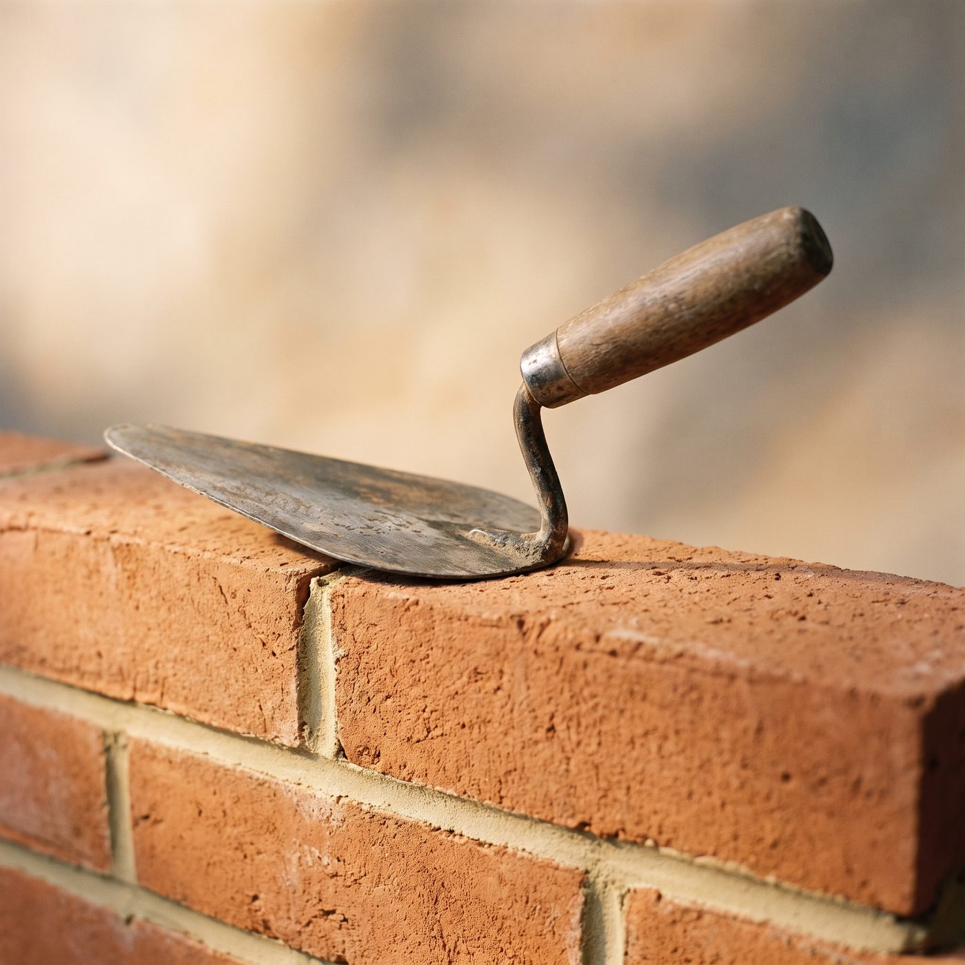 A mason's trowel resting on a freshly laid course of bricks